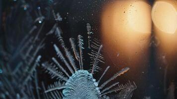 A close up of a broken window with frost on it video