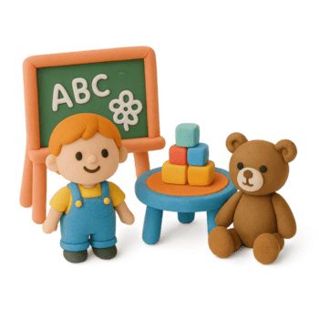 affascinante argilla scena di un' ragazzo e orsacchiotto orso nel un' giocoso aula ambientazione con un' lavagna e blocchi. png