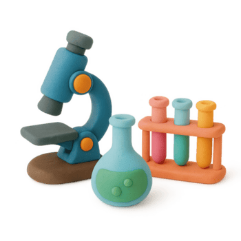 Whimsical clay model of a science lab set with a microscope flask and colorful test tubes. png