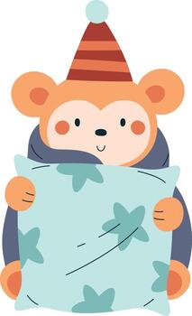 mono envuelto en cobija con almohada vector