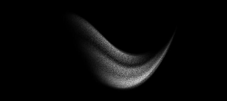 Grain textured wavy shape. Gradient abstract white noise element. Fluid stipple, halftone splatter, dotwork. Isolated on black background vector