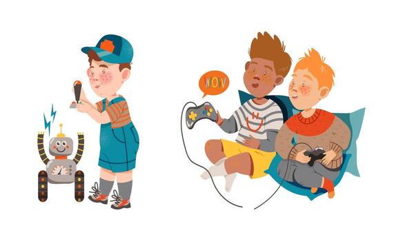 Kids using modern devices set. Boys playing computer games and controlling robot cartoon illustration vector