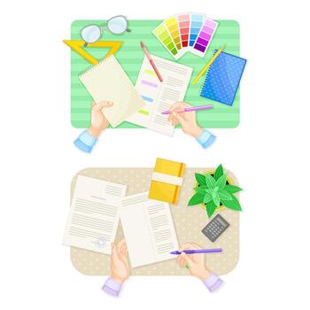 parte superior ver de manos firma documento y elegir colores desde paleta conjunto ilustración vector