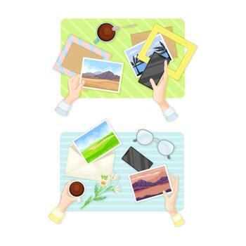 Top view of hands putting photo in frame and sending postcard set illustration vector