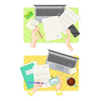 Top view of hands writing on paper documents and working with laptop computer set illustration vector