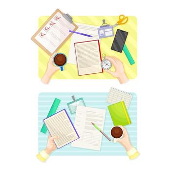 Top view of hands writing on paper documents set illustration vector
