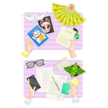 Top view of hands signing paper document and sending postcard set illustration vector