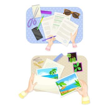 Top view of hands signing paper document, writing letter and sending postcard set illustration vector