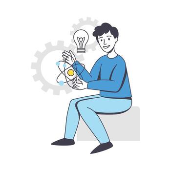 Business Project with Man Character with Light Bulb Working with Startup Outline Illustration vector