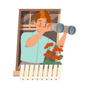 Redhead Man in Open Window with Binoculars Illustration vector