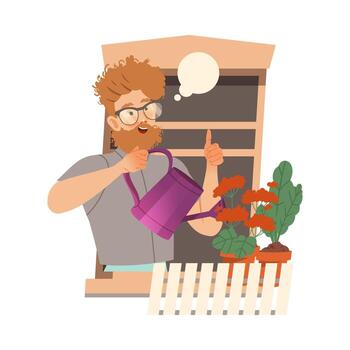 Bearded Man in Open Window Watering Flowers and Showing Thumb Up Illustration vector