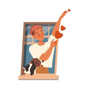 Man with Dog in Open Window Sending Love Heart to Neighbor Illustration vector