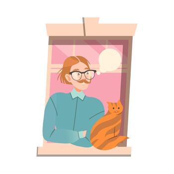 Mustached Man in Glasses in Open Window with Cat Illustration vector