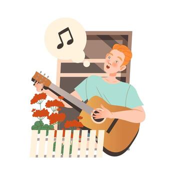 Redhead Man in Open Window Playing Guitar and Singing Illustration vector