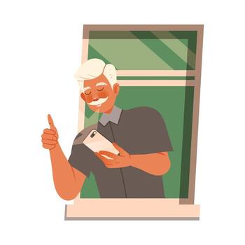 Senior Man in Open Window Taking Selfie with Smartphone Illustration vector