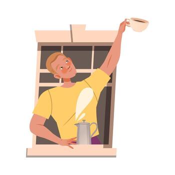Man in Open Window Stretching Hand with Cup of Coffee to Neighbor Illustration vector