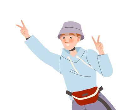 Positive Man Character in Bucket Hat with Smiling Face Showing V Sign Hand Gesture Feeling Euphoric and in High Spirits Illustration vector