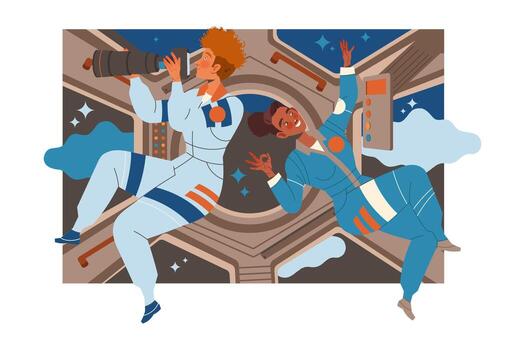 Man and Woman Astronaut Character in Outer Space in Spacesuit Flying on Space Shuttle Illustration vector