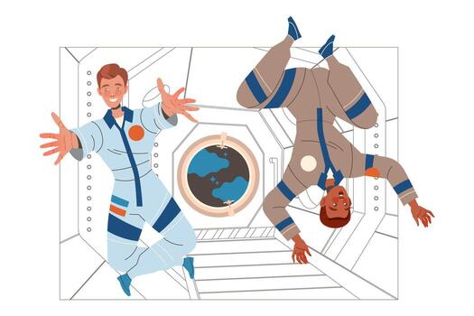 Man Astronaut Character in Outer Space in Spacesuit Flying on Space Shuttle Illustration vector