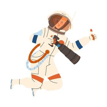 Woman Astronaut Character in Outer Space in Spacesuit with Telescope Flying in the Air Showing Thumb Up Illustration vector