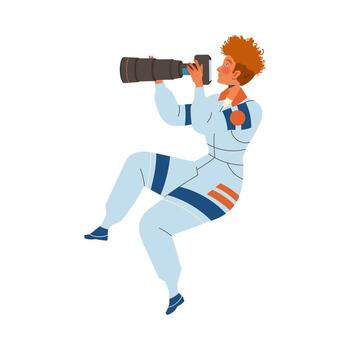 Man Astronaut Character in Outer Space Flying in the Air Looking in Telescope Illustration vector