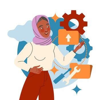Muslim Woman Character Working with Information with Folder Settings Analyzing and Browsing Data Illustration vector