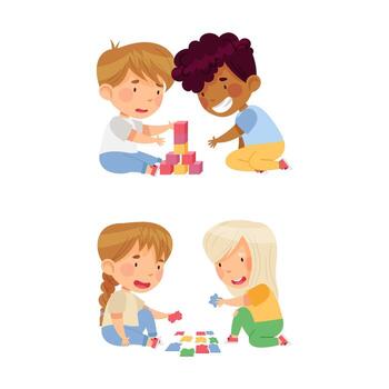 niños edificio con juguete bloques y resolviendo rompecabezas juntos. educación y desarrollo concepto dibujos animados ilustración vector