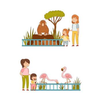 At Zoo with Happy Little Girl and Mother Looking at Monkey and Flamingo Behind Enclosure Illustration Set vector