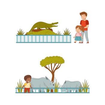 At Zoo with Happy Little Boy and Father with Daughter Looking at Rhino and Crocodile Behind Enclosure Illustration Set vector