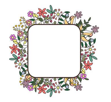 Colorful flower and leaf template background with square negative area for text. Floral square frame template vector