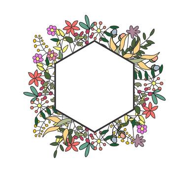 Colorful flower and leaf template background with hexagon negative area for text. Floral hexagon frame template vector