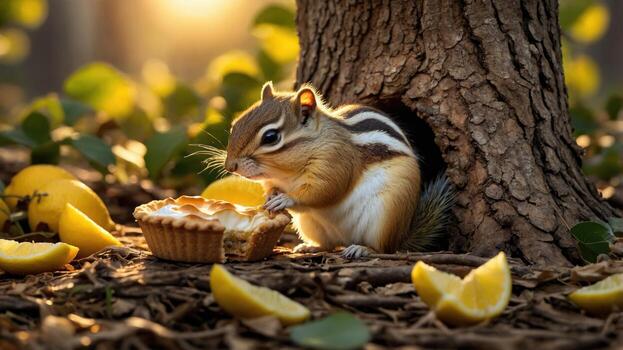 un ardilla disfrutando un limón tarta cerca un árbol trompa, rodeado por limón rebanadas en el suelo foto