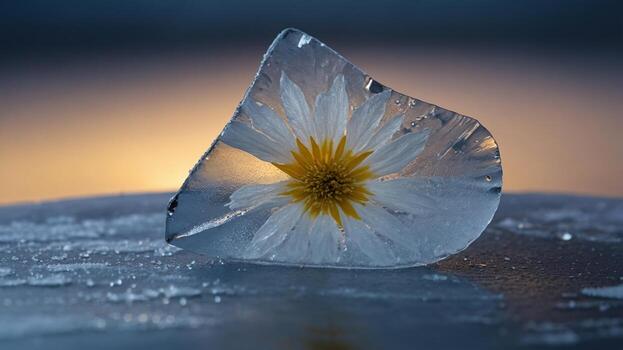 A delicate flower frozen in a clear ice block, illuminated softly in a serene, blurred background photo