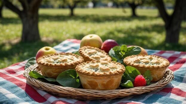 Freshly baked fruit pies on a picnic blanket in an apple orchard during a sunny day photo