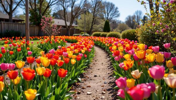 a garden trail bordered with tulips in vivid colors, deserted and calm beneath a bright spring sky. photo