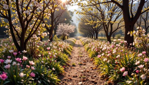 the path lies under warm spring hue. photo