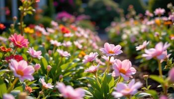 radiante flores línea el vacío jardín camino, su suave pétalos brillante en el amable luz. foto