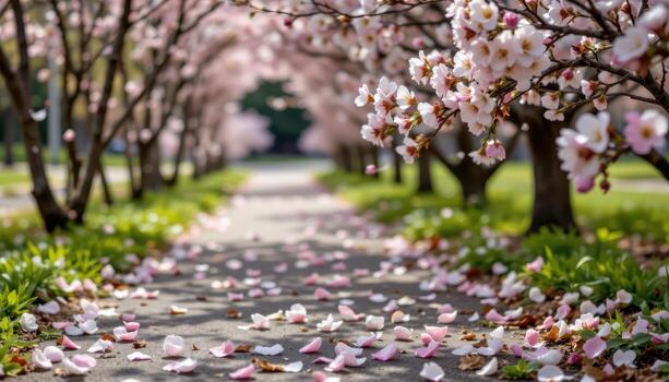 petals drift along a quiet path lined with blossoms, no movement except the soft swaying in the wind. photo