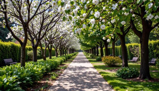 a lonely garden walkway beneath blooming trees, empty and serene, only the sound of leaves moving. photo