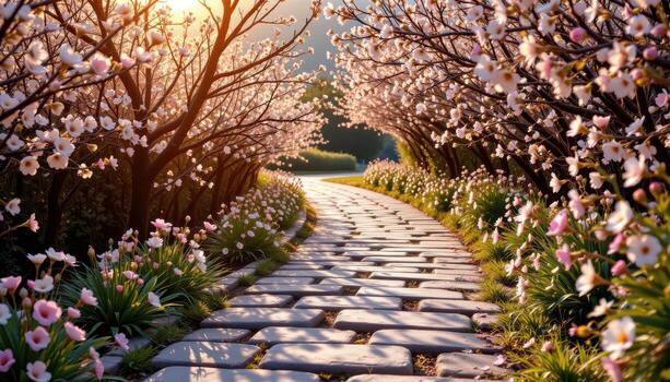 an empty stone path lined with blossoms, golden sunlight streaming, nothing but flowers in still air. photo