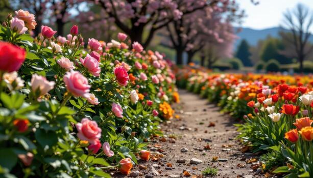a trail lined with roses and tulips, no beings around, the peace broken only by the whisper of wind. photo