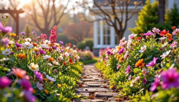 the garden path lies still, bordered by flowers spilling colors into the hazy spring sunlight. photo