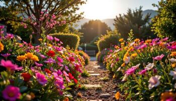 el tranquilo jardín camino es afilado con brillante floraciones brillante suavemente debajo el tarde cielo. foto