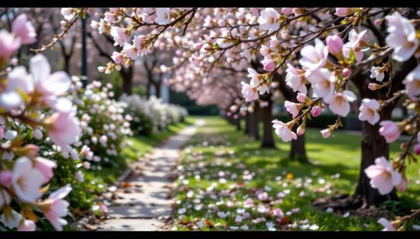 a quiet walkway glides through blossoms, petals tracing the air like notes of a soft song. photo
