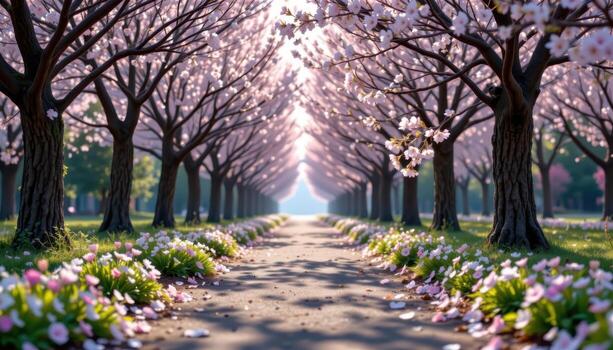radiant blossoms stretch endlessly along the empty path glowing softly in daylight. photo