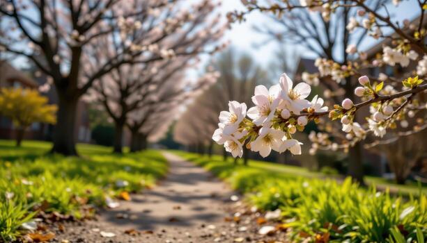 the path rests in sunklight, blossoms leaning close in the calm warm air of early spring. photo