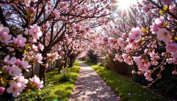 blossomsb frame the path in brilliant hues, sunlight melting into the still breath of spring. photo