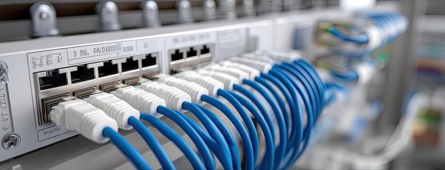 A close up of a network switch with multiple cables photo