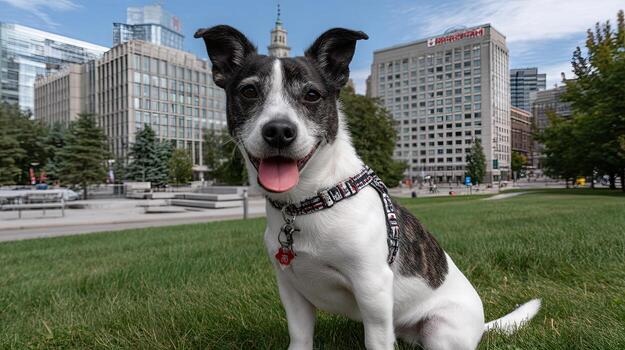 A dog sitting on the grass in front of a building photo