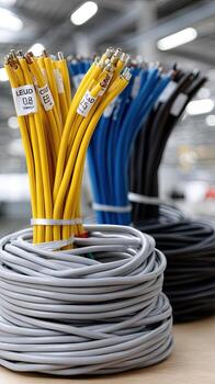 Several cables are stacked in a pile on a table photo